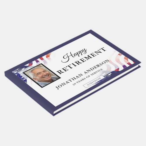 Patriotic Retirement Party American Flag Guest Book - This retirement party guestbook offers a patriotic theme with an American flag graphic as the background. Personalize this book with the retiree's name and photo.
