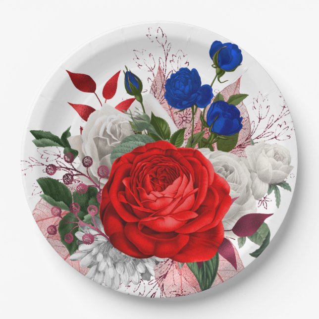 Patriotic Rose Bouquet Paper Plates (Front)