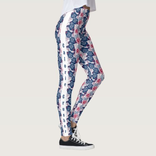 Patriotic Roses stars - red white blue WITH TEXT Leggings
