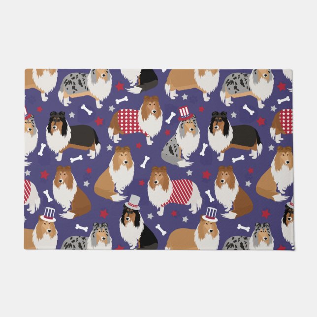 Patriotic Rough Collie Pattern Doormat (Front)