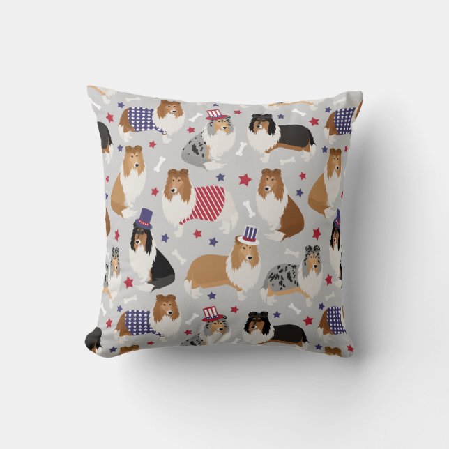 Patriotic Rough Collie Pattern Throw Pillow (Front)