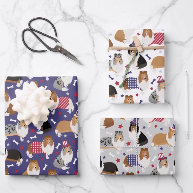 Patriotic Rough Collie Pattern Wrapping Paper Sheets (Front)