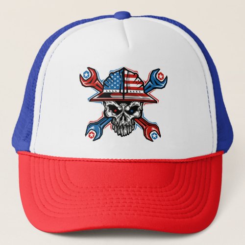 patriotic roughneck skull trucker hat