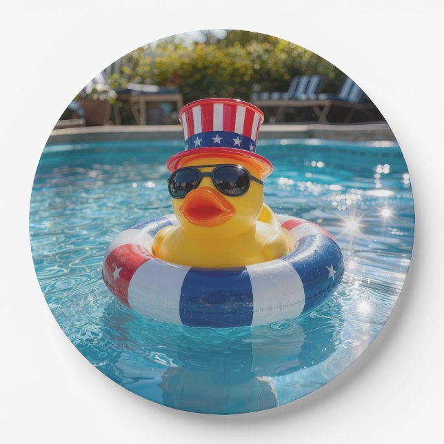 Patriotic Rubber Duck in Swimming Pool Paper Plates (Front)