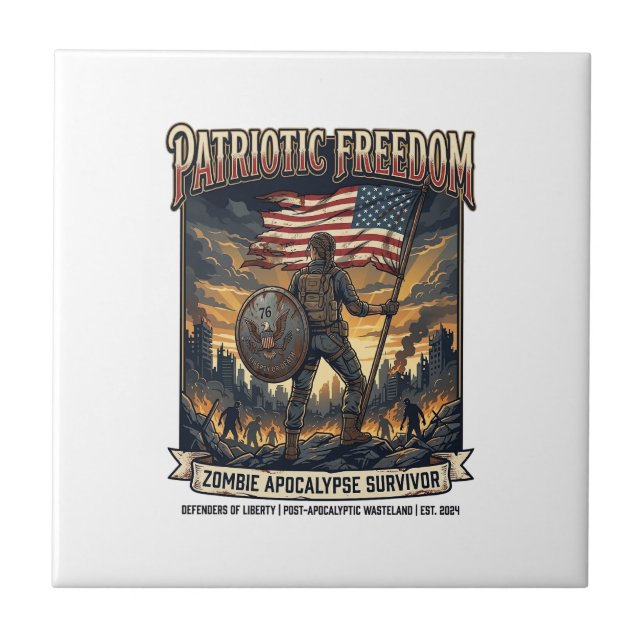 Patriotic Rust Flag Survivor Zombie Apocalypse Fre Ceramic Tile (Front)