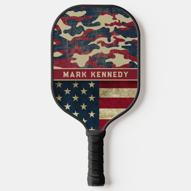 Patriotic Rustic American Flag Camo Pattern Name Pickleball Paddle (Front)