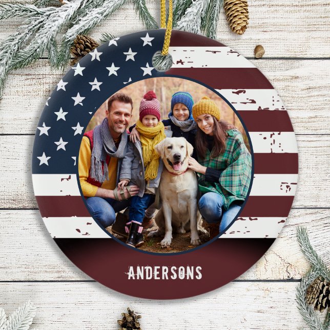 Patriotic Rustic American Flag Custom 2 Photo Ceramic Ornament (Creator Uploaded)