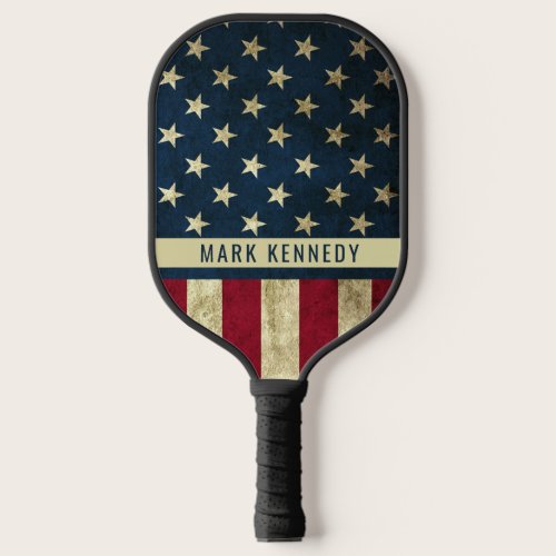 Patriotic Rustic American Flag Custom Name Text Pickleball Paddle