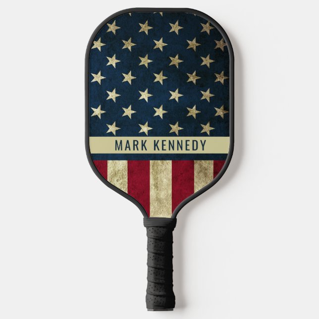 Patriotic Rustic American Flag Custom Name Text Pickleball Paddle (Front)