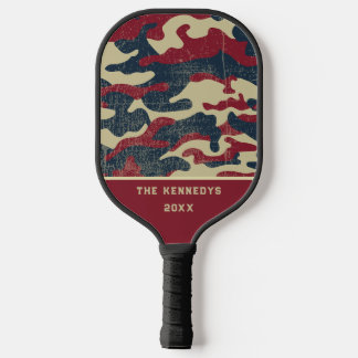 Patriotic Rustic Camo American Flag Family Name Pickleball Paddle