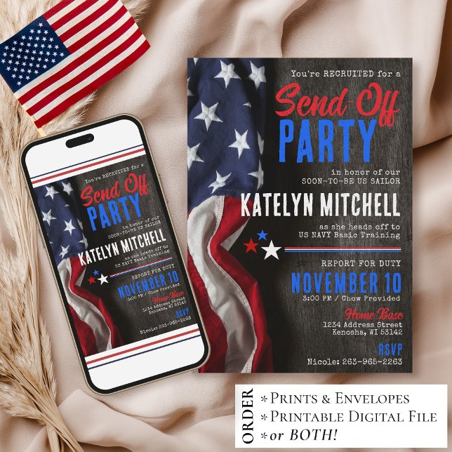 Patriotic Rustic US Flag Military Send-Off Party Invitation (Printable patriotic US flag military send-off going away farewell party invitation digital download)