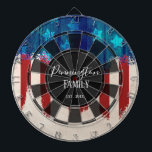 Patriotic Rustic Wood Design Custom Family Name Dart Board<br><div class="desc">Faux wooden background with monogram and family name in center of the board. Faux wood texture with stars and stripes rustic grunge.</div>