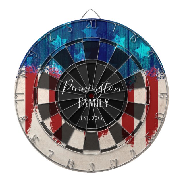Patriotic Rustic Wood Design Custom Family Name Dart Board (Front)