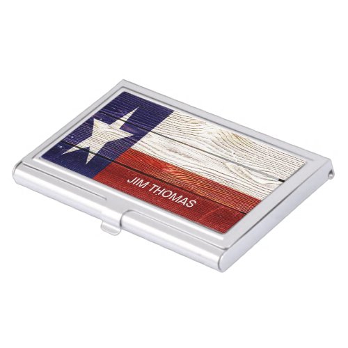 Patriotic Rustic Wood Texas Flag Monogram Name Business Card Case