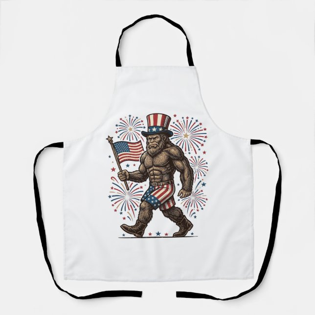 Patriotic Sasquatch Fireworks Vintage Engraving De Apron (Front)