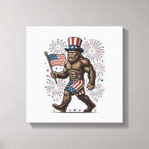 Patriotic Sasquatch Fireworks Vintage Engraving De Canvas Print