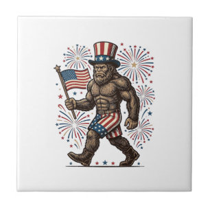 Patriotic Sasquatch Fireworks Vintage Engraving De Ceramic Tile
