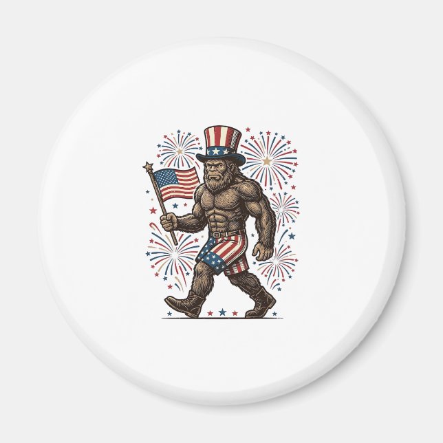 Patriotic Sasquatch Fireworks Vintage Engraving De Magnet (Front)