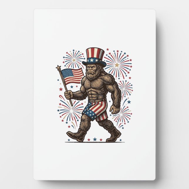 Patriotic Sasquatch Fireworks Vintage Engraving De Plaque (Front)