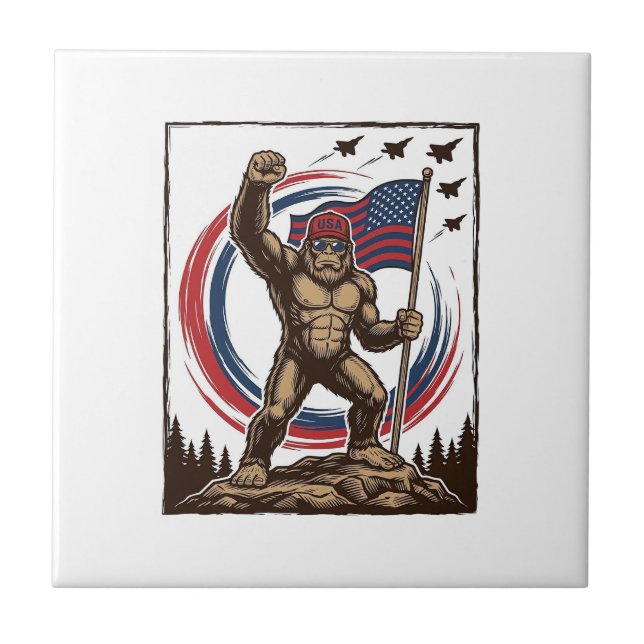 Patriotic Sasquatch Flag Vintage Ceramic Tile (Front)