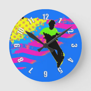 Patriotic Scooter Rider and US Flag Artwork Round Clock