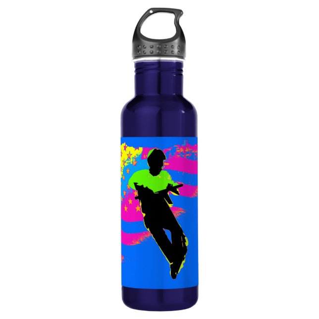 Patriotic Scooter Rider and US Flag Artwork Stainless Steel Water Bottle (Front)