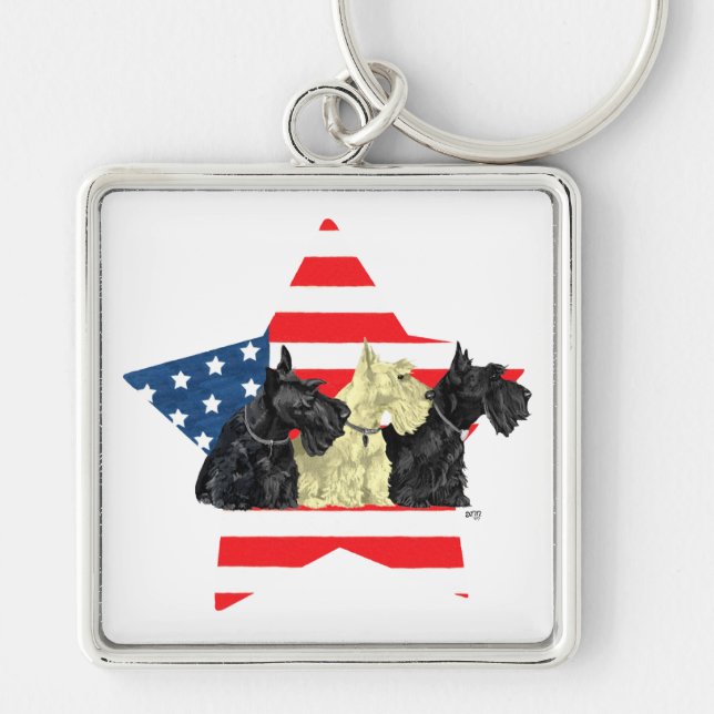 Patriotic Scottish Terriers on Star Keychain (Front)
