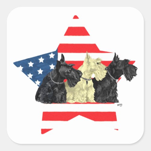 Patriotic Scottish Terriers on Star Square Sticker