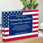 Patriotic Service Excellence Military USA Flag Acrylic Award<br><div class="desc">Celebrate and show your appreciation to an outstanding military service with this USA American Flag Award - American flag in modern red white blue design. Personalize this military retirement award with soldier or police officer name, text with law enforcement department or military branch name and community, and date of retirement....</div>