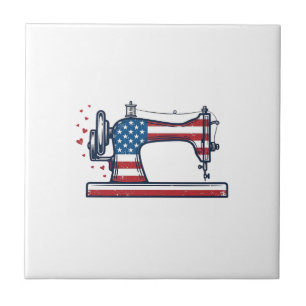 Patriotic Sewing Machine Vintage Engraving Vector_ Ceramic Tile
