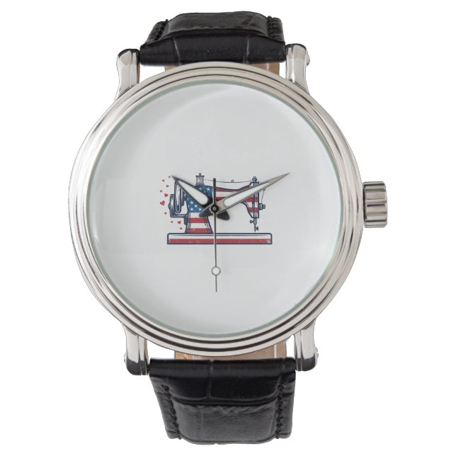 Patriotic Sewing Machine Vintage Engraving Vector_ Watch (Front)