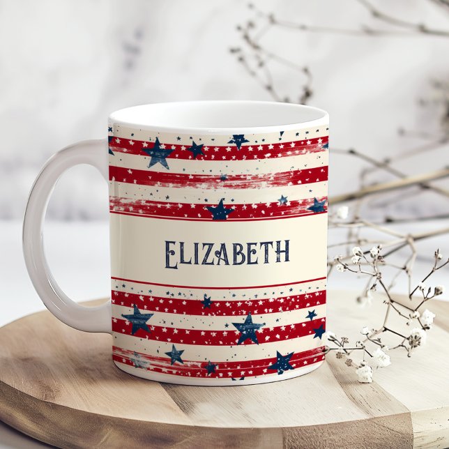 Patriotic Shabby Chic Independence Day Flag Stars Coffee Mug (Patriotic Shabby Chic Independence Day Flag Stars Coffee Mug on a boho kitchen table with flowers.)