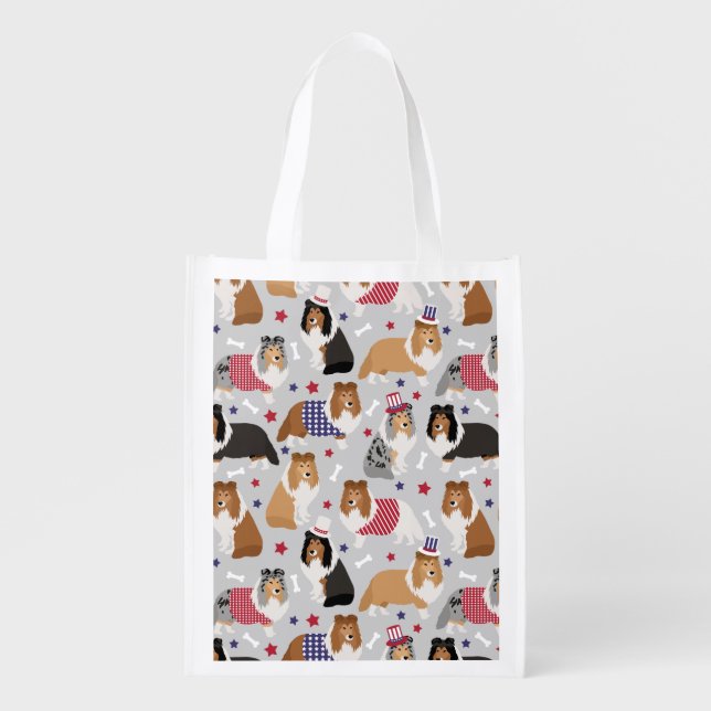 Patriotic Sheltie Shetland Sheepdog Grocery Bag (Front)