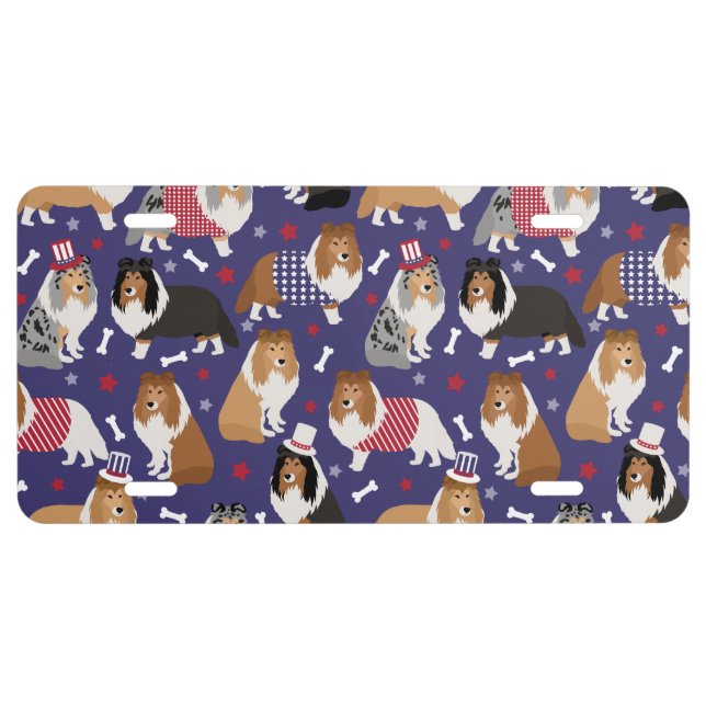 Patriotic Sheltie Shetland Sheepdog License Plate (Front)
