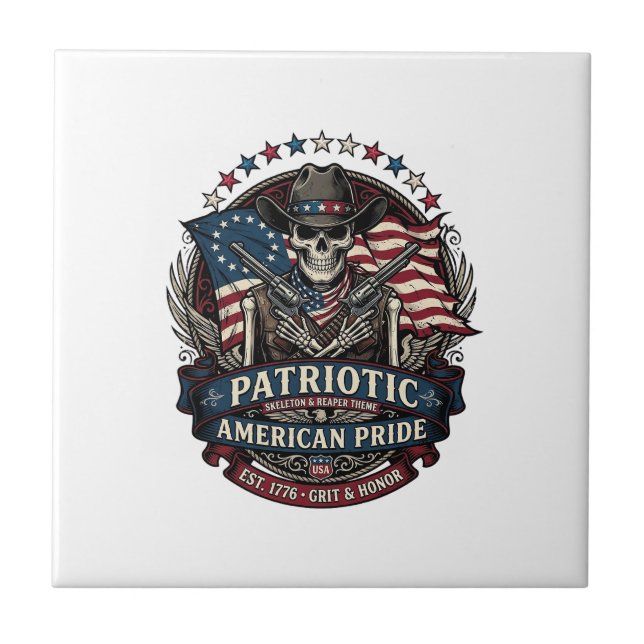 Patriotic Skeleton Cowboy Dark Patriot Skeleton &  Ceramic Tile (Front)