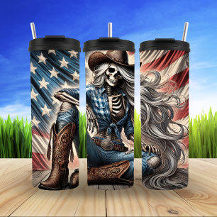 Patriotic Skeleton Cowgirl Thermal Tumbler