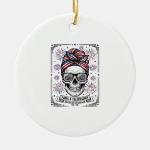 Patriotic Skull Fireworks Vintage Engraving Shirt_ Ceramic Ornament