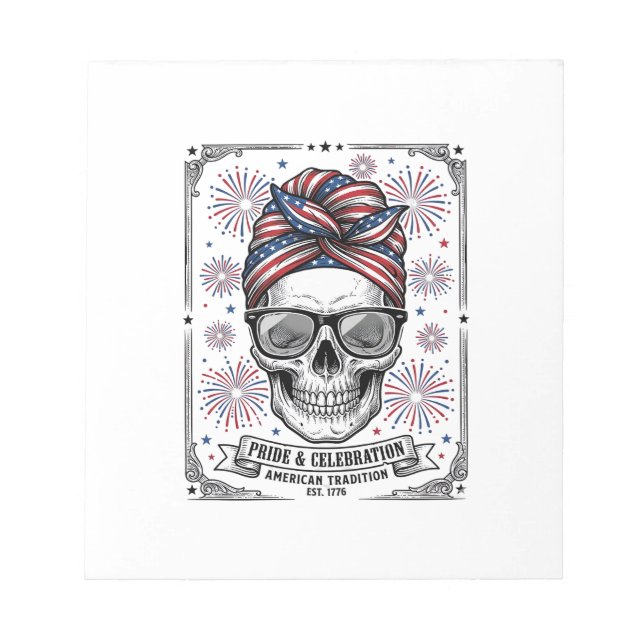 Patriotic Skull Fireworks Vintage Engraving Shirt_ Notepad (Front)