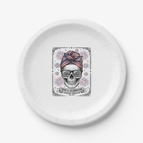 Patriotic Skull Fireworks Vintage Engraving Shirt_ Paper Plates