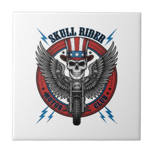 Patriotic Skull Motorcycle Eagle Vintage Ceramic Tile