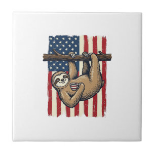 Patriotic Sloth Vintage Engraving Shirt Design_1 Ceramic Tile