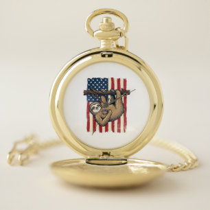 Patriotic Sloth Vintage Engraving Shirt Design_1 Pocket Watch