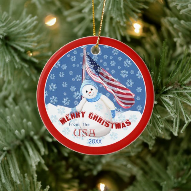 Patriotic Snowman and Flag Christmas Ornament (Tree)