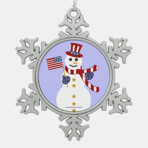 Patriotic Snowman Pewter Snowflake Ornament