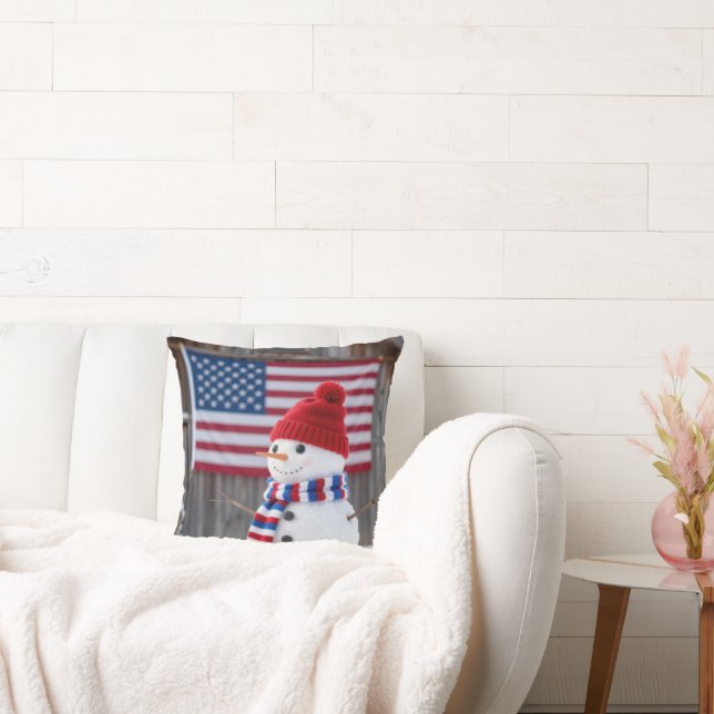 Patriotic Snowman With American Flag Throw Pillow (Couch)