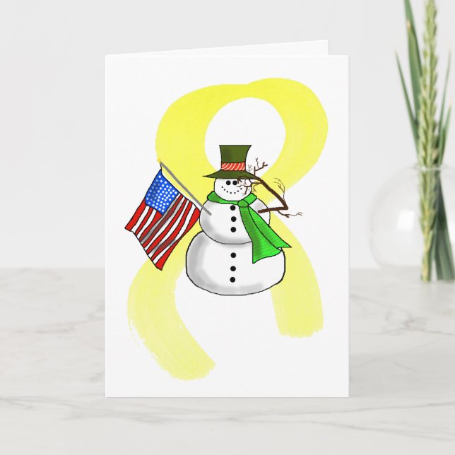 Patriotic Snowman & Yellow Ribbon Christmas Card (Front)