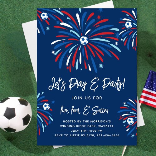 Patriotic Soccer  Fireworks 4th of July Party Invitation