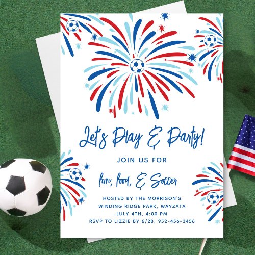 Patriotic Soccer  Fireworks 4th of July Party Invitation