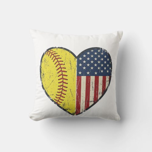 Patriotic Softball Heart Vintage Vector Design_1 Throw Pillow