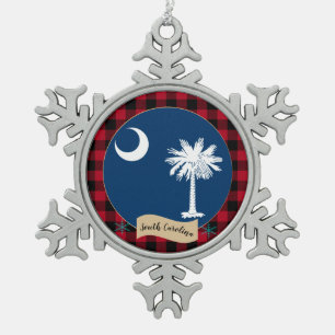 Patriotic South Carolina Flag, Red buffalo plaid Snowflake Pewter Christmas Ornament